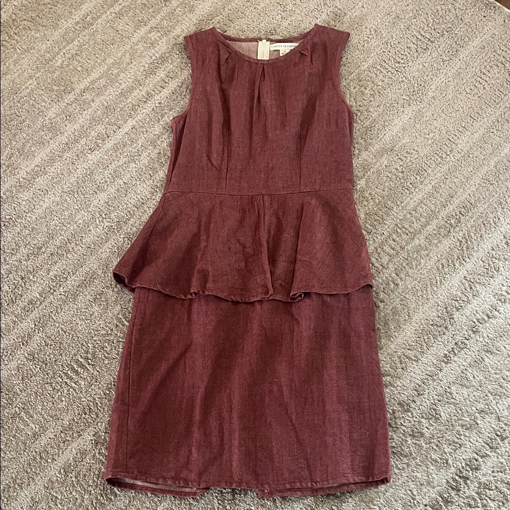 Mata Traders Elegant Burgundy High Neck Peplum Sleeveless Dress Medium